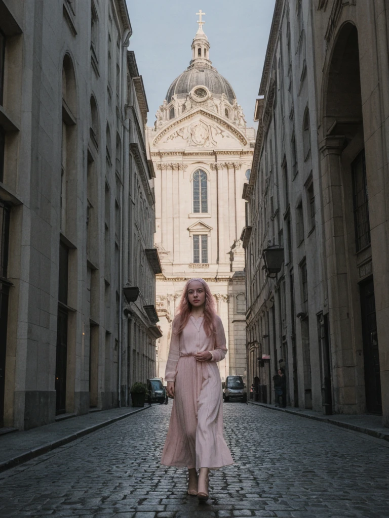 her name is Amelie, high quality, 1girl, ((25-year-old fit Caucasian woman)), ((25 years old)), ((BODY TYPE: HOURGLASS)), ((long pink hair)), pose: standing, wearing SOPHISTICATED courant Generation-Z modern wear bright colored, BACKGROUND: "Exploring the historic Sablon district at night, with its elegant buildings, antique shops, and beautiful church illuminated."