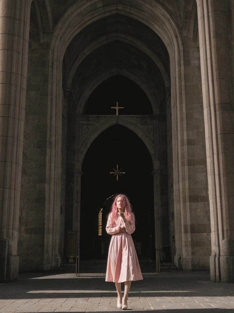 her name is Amelie, high quality, 1girl, ((25-year-old fit Caucasian woman)), ((25 years old)), ((BODY TYPE: HOURGLASS)), ((long pink hair)), pose: standing, wearing SOPHISTICATED courant Generation-Z modern wear bright colored, BACKGROUND: "Exploring the historic Sablon district at night, with its elegant buildings, antique shops, and beautiful church illuminated."