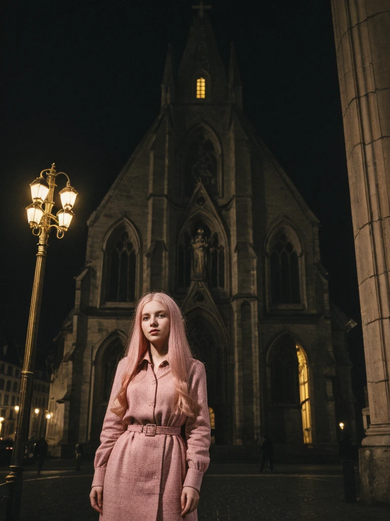 her name is Amelie, high quality, 1girl, ((25-year-old fit Caucasian woman)), ((25 years old)), ((BODY TYPE: HOURGLASS)), ((long pink hair)), pose: standing, wearing SOPHISTICATED courant Generation-Z modern wear bright colored, BACKGROUND: "Exploring the historic Sablon district at night, with its elegant buildings, antique shops, and beautiful church illuminated."