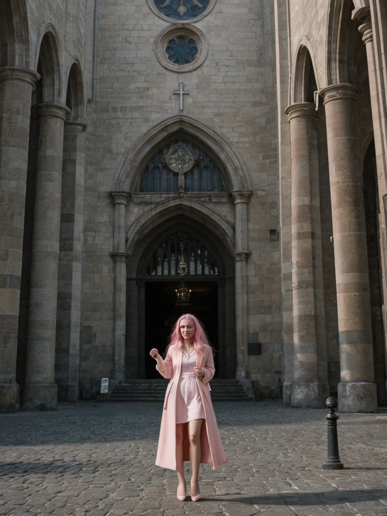 her name is Amelie, high quality, 1girl, ((25-year-old fit Caucasian woman)), ((25 years old)), ((BODY TYPE: HOURGLASS)), ((long pink hair)), pose: standing, wearing SOPHISTICATED courant Generation-Z modern wear bright colored, BACKGROUND: "Exploring the historic Sablon district at night, with its elegant buildings, antique shops, and beautiful church illuminated."