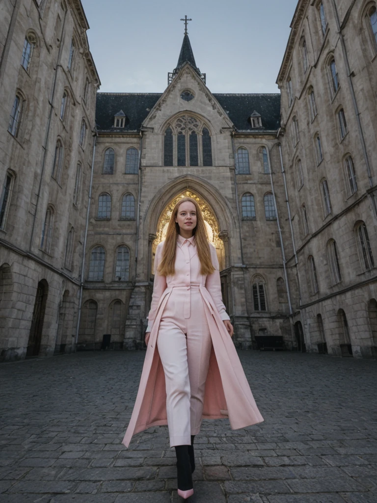 her name is Amelie, high quality, 1girl, ((25-year-old fit Caucasian woman)), ((25 years old)), ((BODY TYPE: HOURGLASS)), ((long pink hair)), pose: standing, wearing SOPHISTICATED courant Generation-Z modern wear bright colored, BACKGROUND: "Exploring the historic Sablon district at night, with its elegant buildings, antique shops, and beautiful church illuminated."