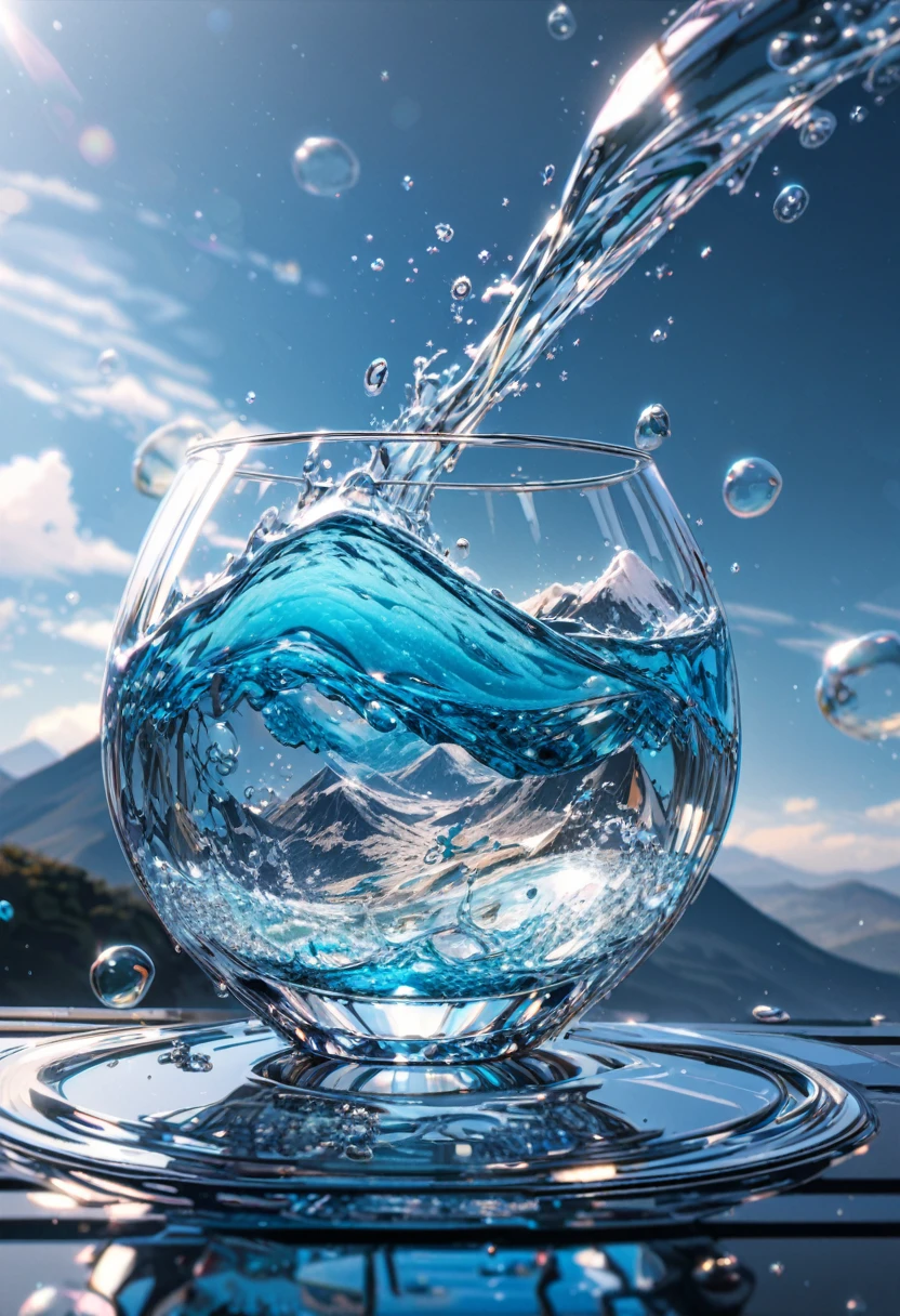 Super detailed, 8k, glass, Water in a glass, bubble, Right blue water, nice, bright,glassの中に富士山
