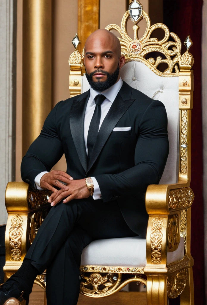 brown skin man,physically well built, sitting on throne,crown,very short beard,bald,black business attire