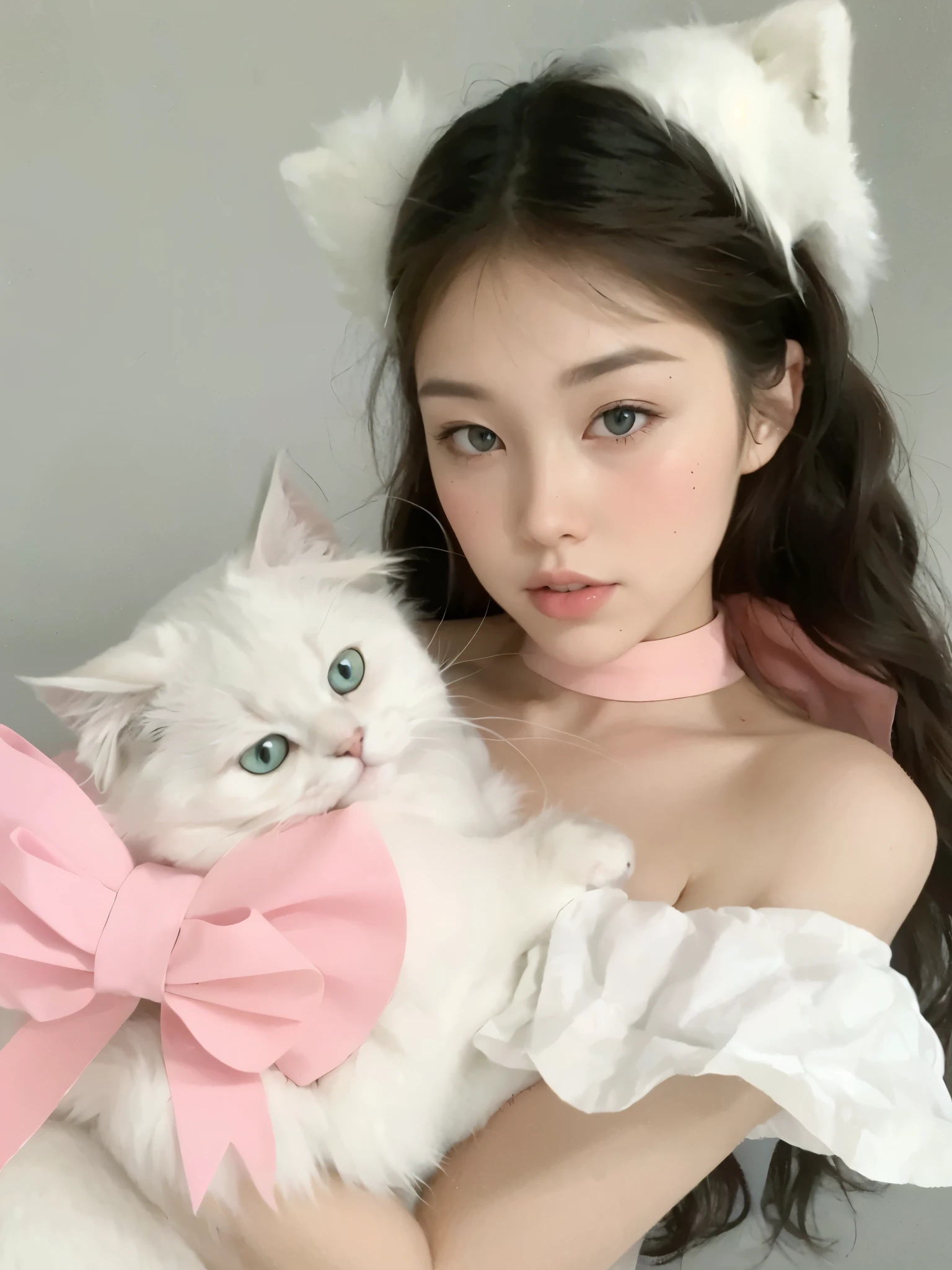 Brunette girl holding a white cat