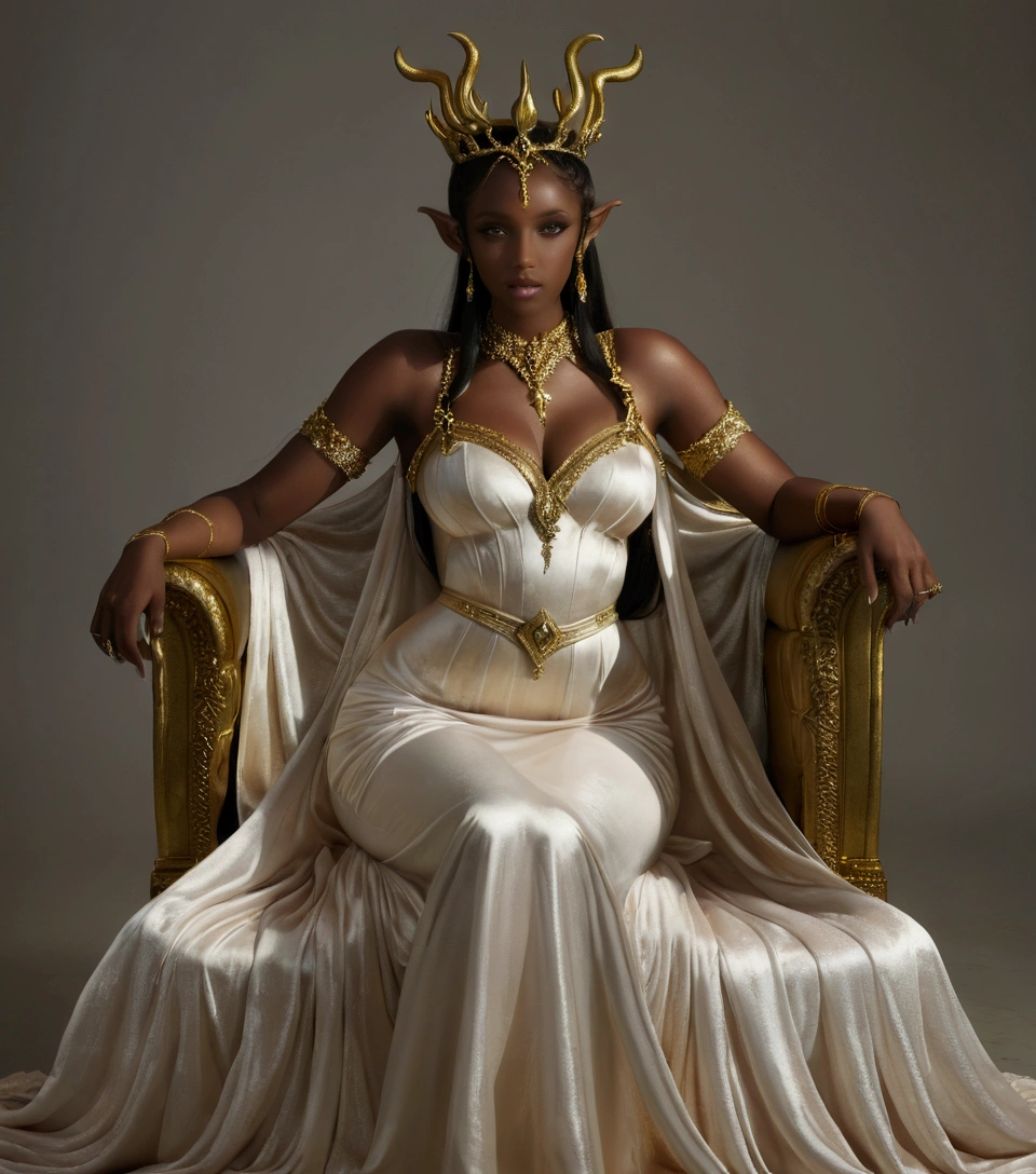 there is a woman sitting on a chair with a long beautiful dress, a horn on her head, sitting in a gilded throne, ((a beautiful fantasy empress)), princess portrait, on her throne, sitting on her throne, dark skin female goddess of love, portrait of an elf queen, a beautiful fantasy empress, seated in royal ease, portrait of queen of dreams, cg detailed, 3d