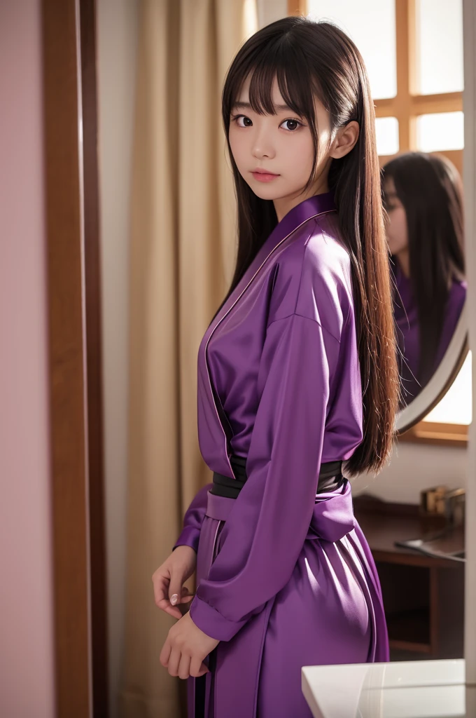 This image contains、A beautiful Japanese girl is wearing a shiny, thin purple outfit.、Standing close to the mirror。There are several warm-colored, blurred light sources reflected in the background.、It creates a calming atmosphere in the room.。
The beautiful girl's expression is modest and soft.、The gaze directed towards the camera is impressive.。Her hair falls naturally、The hair is styled in a slightly messy way around the face.。Posing with shoulders pulled back a little、Stand up straight and in a natural posture.、It exudes elegance and sexiness。
As a photographic technique、Focus on the subject、The blurred background accentuates the beauty of the subject.。Also、Using the reflection of a mirror、Creates a visual sense of depth、It gives movement to the whole photo.。The composition of the vertical screen is、While capturing the whole body of a beautiful girl、By including details in the background, a well-balanced composition is achieved.。
This image is ultra-realistic live-action.、Beautiful girl's facial expression and skin texture、The transparency of the costume is expressed very realistically.。There is a visually captivating beauty、It is a well-balanced piece.。