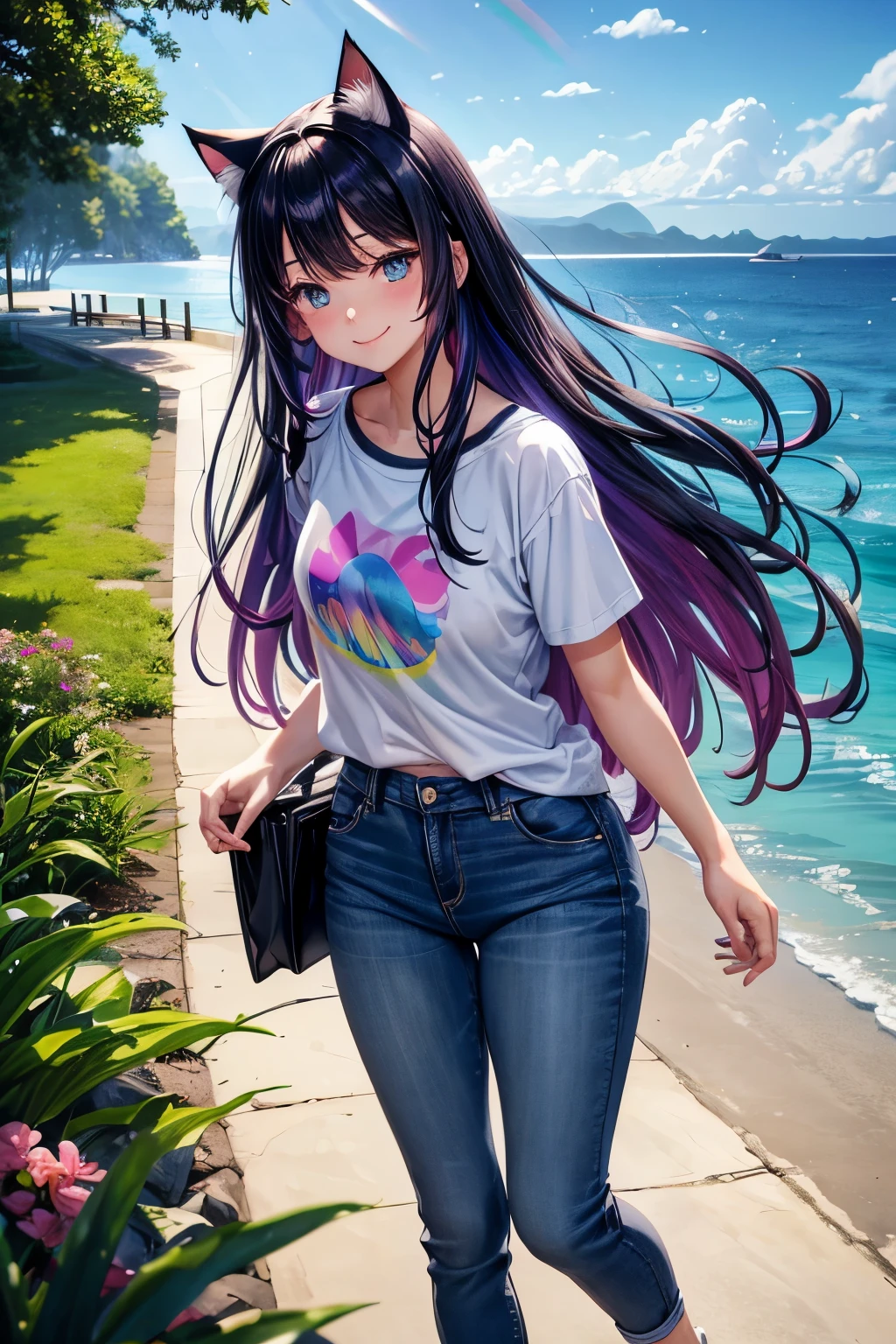 High resolution, perfect human anatomy, cat ears, front view, glossy hair, rainbow hair, near future, pastel colors, forest, ocean, flowers, gradient eyes, flowing bangs, front angle, t-shirt, jeans, ocean, sneakers, smile,