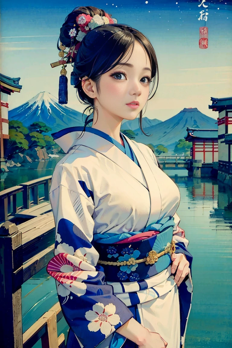 (Highest quality、 8k wallpaper、masterpiece、High resolution)、(whole body)、Vibrant colors、Brown-black bob、Traditional round topknot、Ample breasts、(Highly detailed face and eyes、Beautiful Face、Beautiful Eyes、Beautiful nose、Pretty lips)、Highly detailed art,(Art with precise detail:1.5), (Japanese painting:1.5), (A woman in a kimono standing on a bridge:1.5),(Japanese clothes in calm colors:1.4), Detailed CG、