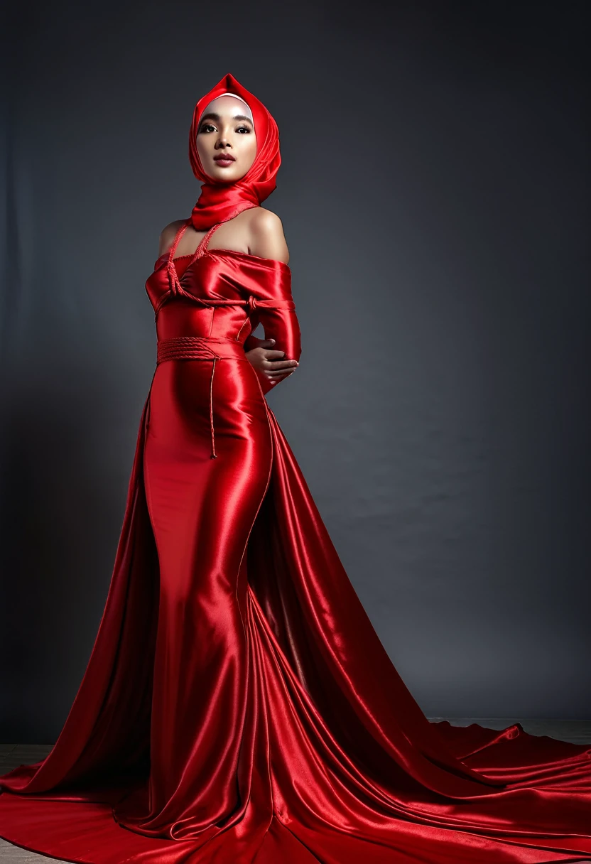 a woman in the red silk gown, tied with satin, tied tightfull body,wear hijab, half neked,mermaid tight long gown, flowy dramatic long gown, double long satin train ( 4 meter long ),satin sheet,wear high heels, masterpice, 4k resolution, ultra-realistic, highly detail.