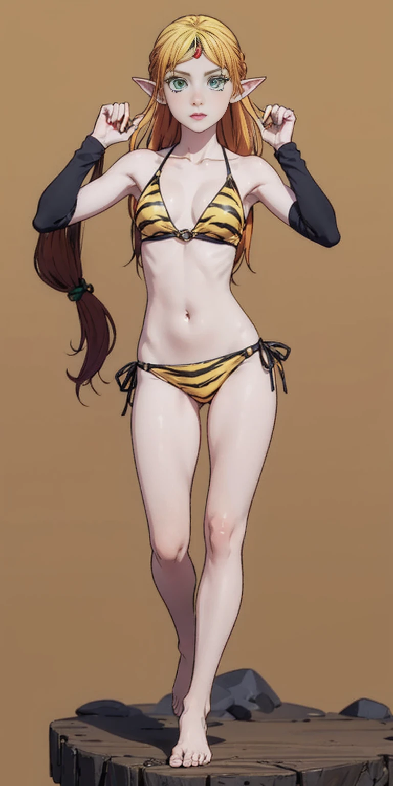 tsundere elf full body toe to head, long hair, blonde hair (green eyes:1.1) pointy ears, elf, multicolored hair, forehead jewel, yellow tiger bikini, standing symmetrical, plain background