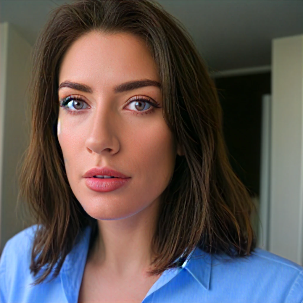 (((best qualityer))), ((ultra detaild)), (((ultra realisitic))),(detailed back ground), 1 20-year-old woman with brunette hair down to approximately her chest, eyes browns, beautiful mouth and princess noses, eye makeup, natural face makeup, wearing partially transparent light blue shirt, that shows a good part of the chest, she is in the room in the background, He's in bed doing a sexy pose, smiling with your mouth closed, close to the photo looking at the viewer
