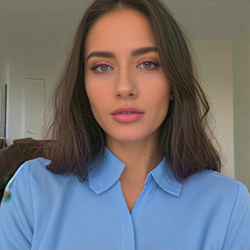 (((best qualityer))), ((ultra detaild)), (((ultra realisitic))),(detailed back ground), 1 20-year-old woman with brunette hair down to approximately her chest, eyes browns, beautiful mouth and princess noses, eye makeup, natural face makeup, wearing partially transparent light blue shirt, that shows a good part of the chest, she is in the room in the background, He's in bed doing a sexy pose, smiling with your mouth closed, close to the photo looking at the viewer