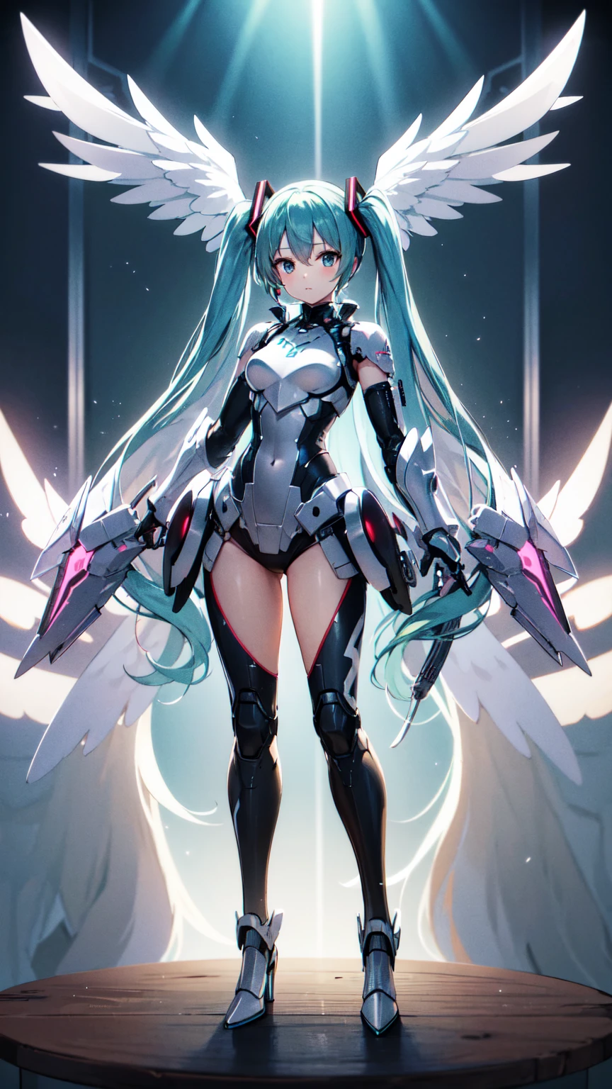 Hatsune Miku, Mecha Girl, Nanomachines, ((Metal Armor)), Wings of light, High heels, Noise Reduction, Tabletop、Exquisite design、Visual Arts、Concept Artist、Five Fingers, Perfect body, {{{masterpiece}}}, {{{Highest quality}}}, {{Very detailed}}, {shape}, {{Very delicate and beautiful}},Improved cost performance、All Roles、Canon 5D MK4でphotograph、photograph, 8K Illustration
