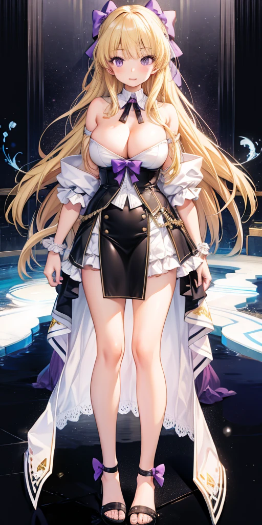 girl,Large Breasts,long hair,Topless,Bow,Blonde Hair, Purple Eyes, Cleavage,Large Breasts,whole body,foot