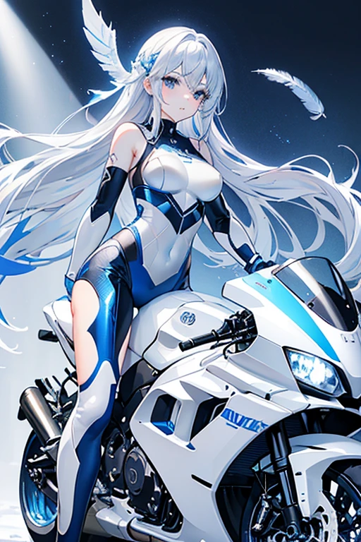blue eyes and silver wavy hair with feathers, girl with blue eyes, stunning face portrait, blue glowing eyes, white skin and reflective eyes, crystal blue eyes, pale white skin, riding sports bike, sports bike_yamaha R1, motorcycle gear_white, white motorcycle gear, white & gold sports bike_yamaha R1.