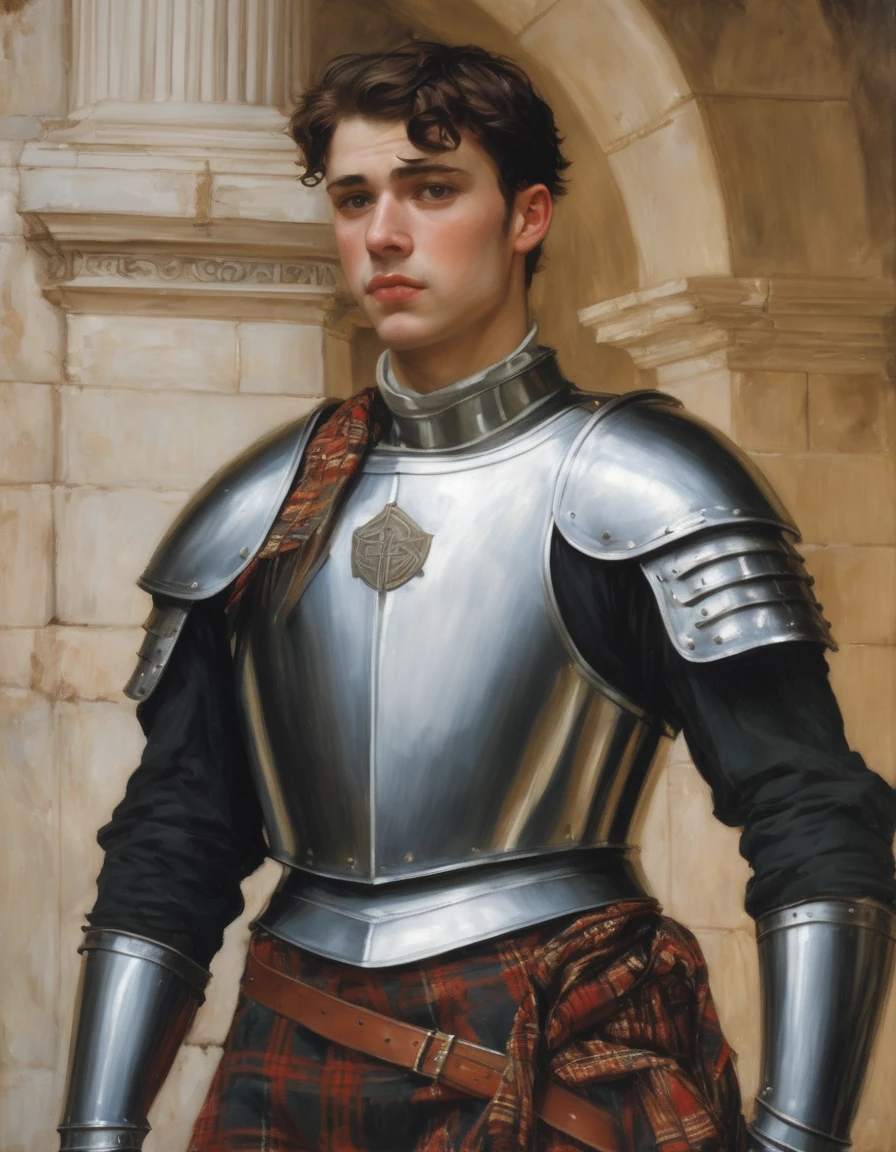 ((Masterpiece, best quality, realistic painting)), ((by John William Waterhouse, by J. C. Leyendecker)), ((((half body portrait of a very young age, frustrated, male knight, he is leaning his head lustfully against a column, his hands are placed in front of his crotch, he is very sensual and masculine, he is depicted with pensive, tired eyes, he is disheveled, he is a layabout, muscular, wearing plate armor, with tartan elements, he is manly and has a moustache. Celtic background)))).
