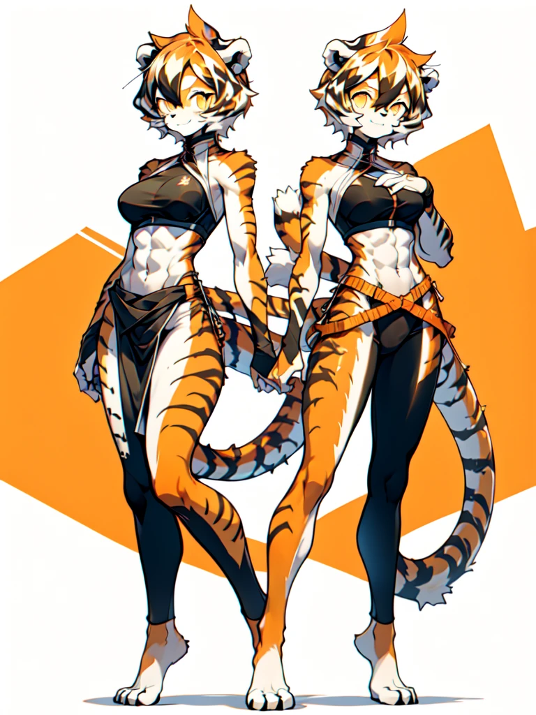 front and back,white background, full body, Standing:1.5, Crotch cloth and bikini bra,animal ears, white hair, black hair, short hair, large breasts, tiger skin，Abdominal muscles, tail, orange eyes, orange hair, multicolored hair, tiger girl, hair between eyes, tiger_ears, tiger_tail, orange-tinted_eyewear, tinted_eyewear, big breasts, evil smile, Shadows under feet, sey ass,