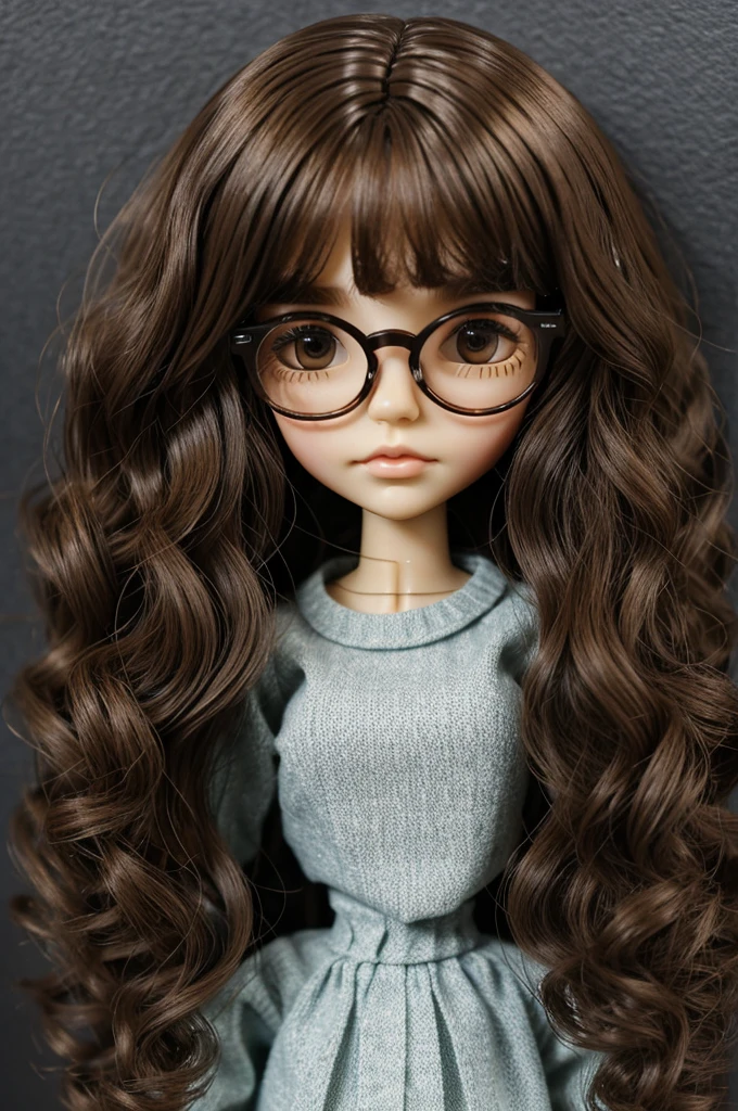 Create an image of a Blythe doll with shoulder-length dark brown hair, honey brown eyes, and wearing glasses