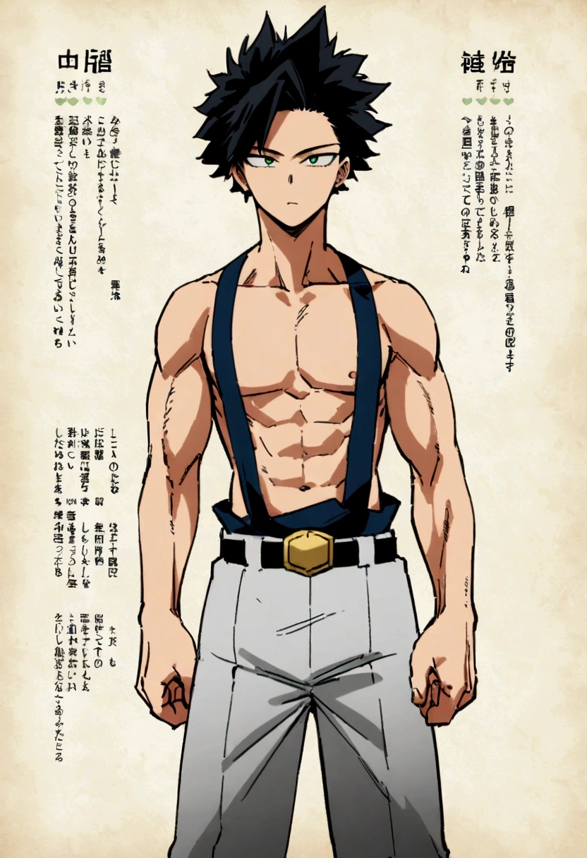 Caracter sheet, (front and back angle ) He is a 17 year old teenager, He has slightly disheveled very black hair..., somewhat light green eyes, , muscular body , sexy face, He is dressed in the anime male uniform "my hero academia" 