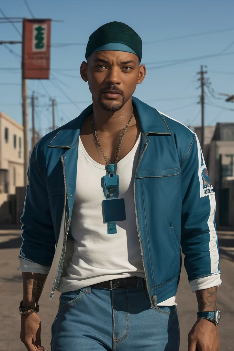 Create an image of Will Smith portraying the character CJ from GTA San Andreas. Will Smith should be dressed in CJ's iconic outfit, which includes a white tank top, blue jeans, and sneakers. The setting should reflect the urban environment of GTA San Andreas, with graffiti-covered walls, streets, and buildings typical of the game. Will Smith's facial expression should be confident and ready for action, capturing the essence of CJ's character in the game.