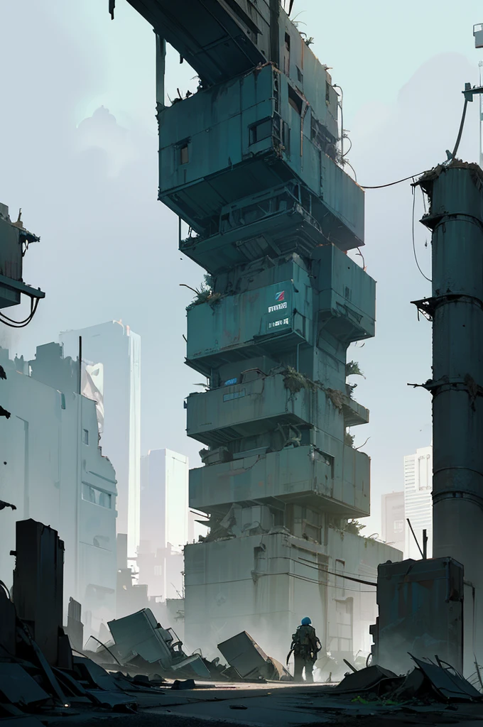 scene of an abandoned futuristic city with a dark and mysterious narrow alley, main gray and blue color tones, postapocalyptic style,dense smoke, full of debris and dirt, rusty scrap metal lying on the street, cement walls with cracks, A little very green grass grows on the ground that clashes with the dark and dull environment., night background, sky full of stars