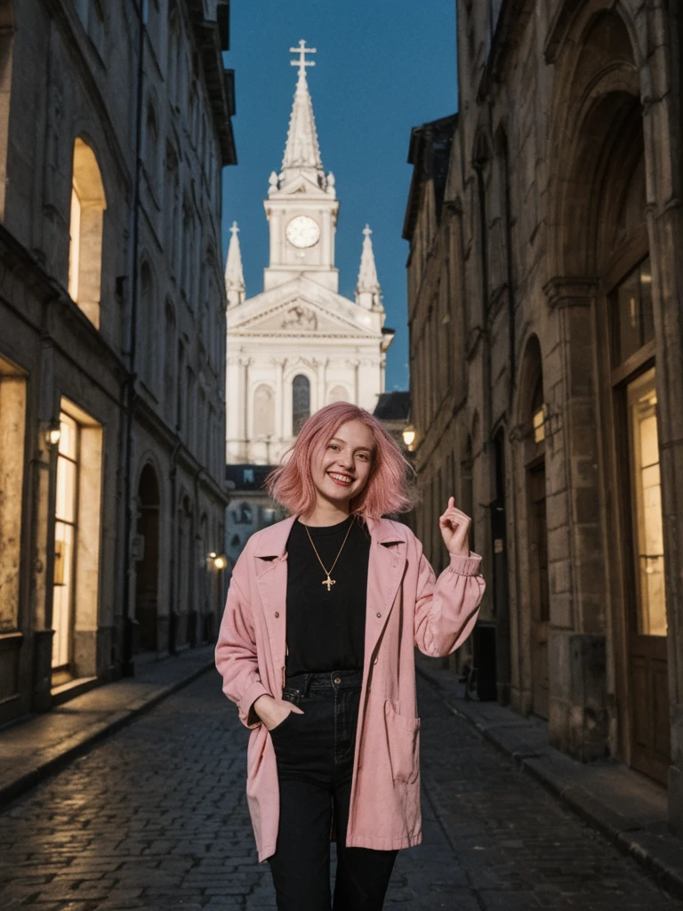 her name is Amelie, high quality, 1girl, ((25-year-old fit Caucasian woman)), ((25 years old)), ((BODY TYPE: HOURGLASS)), ((Grunge Bob pink hair)), smiling, pose: standing, wearing SOPHISTICATED courant Generation-Z modern wear bright colored, BACKGROUND: "Exploring the historic Sablon district at night, with its elegant buildings, antique shops, and beautiful church illuminated."