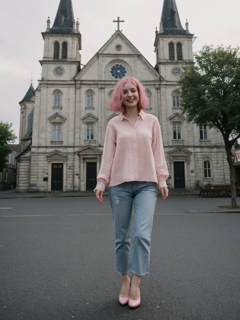 her name is Amelie, high quality, 1girl, ((25-year-old fit Caucasian woman)), ((25 years old)), ((BODY TYPE: HOURGLASS)), ((Grunge Bob pink hair)), smiling, pose: standing, wearing SOPHISTICATED courant Generation-Z modern wear bright colored, BACKGROUND:  "Exploring the historic Sablon district at night, with its elegant buildings, antique shops, and beautiful church illuminated."