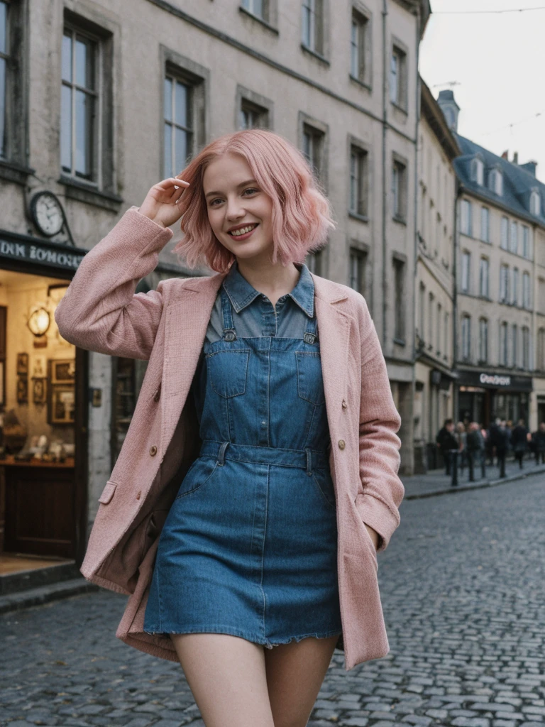 her name is Amelie, high quality, 1girl, ((25-year-old fit Caucasian woman)), ((25 years old)), ((BODY TYPE: HOURGLASS)), ((Grunge Bob pink hair)), smiling, pose: standing, wearing SOPHISTICATED courant Generation-Z modern wear bright colored, BACKGROUND: "Exploring the historic Sablon district at night, with its elegant buildings, antique shops, and beautiful church illuminated."