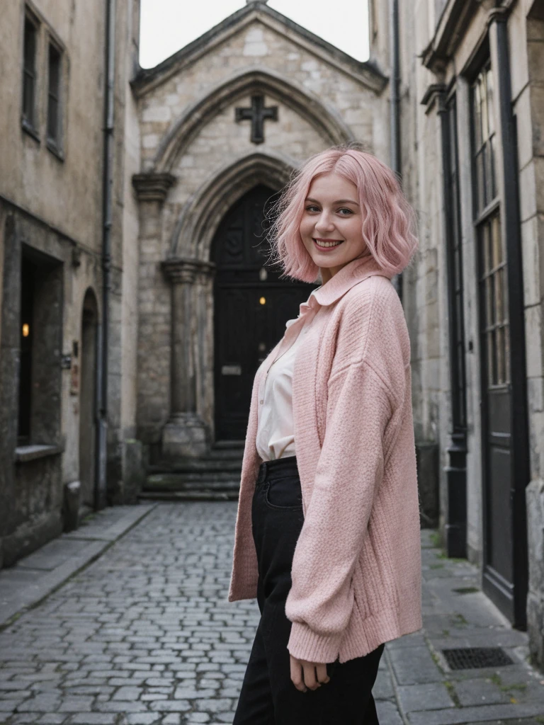 her name is Amelie, high quality, 1girl, ((25-year-old fit Caucasian woman)), ((25 years old)), ((BODY TYPE: HOURGLASS)), ((Grunge Bob pink hair)), smiling, pose: standing, wearing SOPHISTICATED courant Generation-Z modern wear bright colored, BACKGROUND:  "Exploring the historic Sablon district at night, with its elegant buildings, antique shops, and beautiful church illuminated."