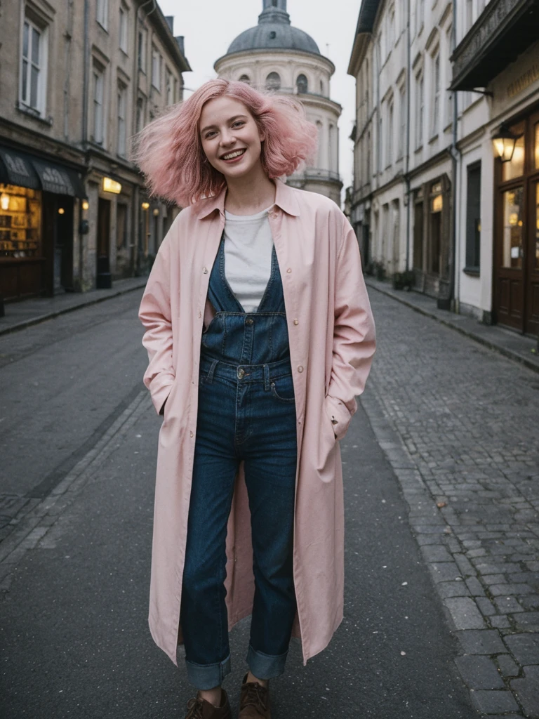 her name is Amelie, high quality, 1girl, ((25-year-old fit Caucasian woman)), ((25 years old)), ((BODY TYPE: HOURGLASS)), ((Grunge Bob pink hair)), smiling, pose: standing, wearing SOPHISTICATED courant Generation-Z modern wear bright colored, BACKGROUND:  "Exploring the historic Sablon district at night, with its elegant buildings, antique shops, and beautiful church illuminated."
