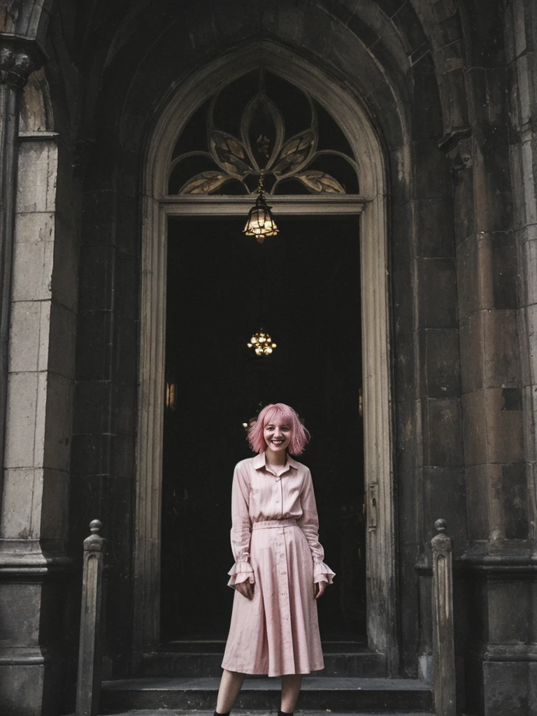 her name is Amelie, high quality, 1girl, ((25-year-old fit Caucasian woman)), ((25 years old)), ((BODY TYPE: HOURGLASS)), ((Grunge Bob pink hair)), smiling, pose: standing, wearing SOPHISTICATED courant Generation-Z modern wear bright colored, BACKGROUND: "Exploring the historic Sablon district at night, with its elegant buildings, antique shops, and beautiful church illuminated."