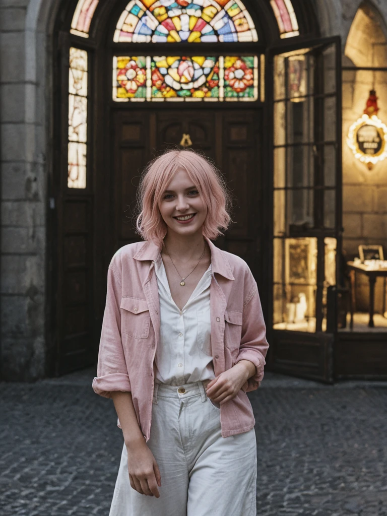 her name is Amelie, high quality, 1girl, ((25-year-old fit Caucasian woman)), ((25 years old)), ((BODY TYPE: HOURGLASS)), ((Grunge Bob pink hair)), smiling, pose: standing, wearing SOPHISTICATED courant Generation-Z modern wear bright colored, BACKGROUND: "Exploring the historic Sablon district at night, with its elegant buildings, antique shops, and beautiful church illuminated."