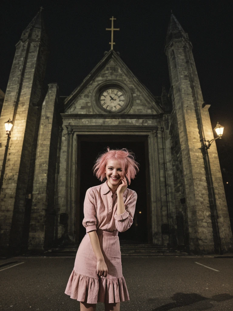 her name is Amelie, high quality, 1girl, ((25-year-old fit Caucasian woman)), ((25 years old)), ((BODY TYPE: HOURGLASS)), ((Grunge Bob pink hair)), smiling, pose: standing, wearing SOPHISTICATED courant Generation-Z modern wear bright colored, BACKGROUND: "Exploring the historic Sablon district at night, with its elegant buildings, antique shops, and beautiful church illuminated."