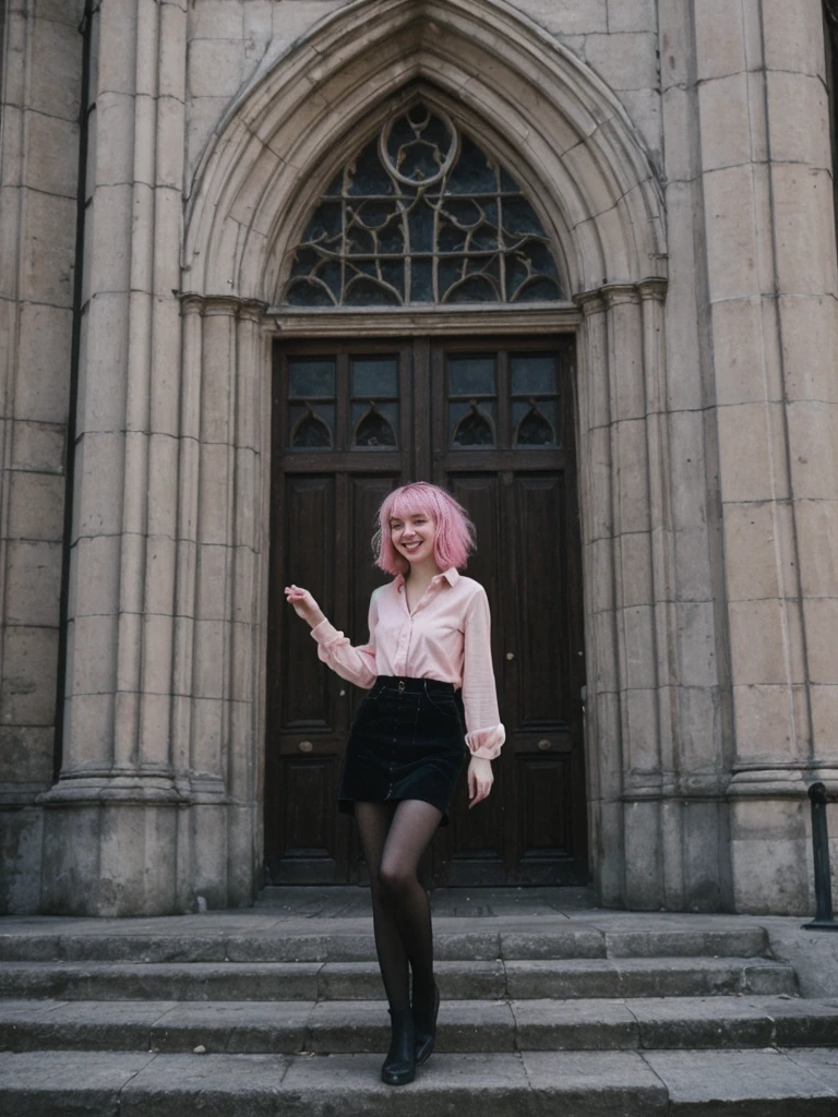 her name is Amelie, high quality, 1girl, ((25-year-old fit Caucasian woman)), ((25 years old)), ((BODY TYPE: HOURGLASS)), ((Grunge Bob pink hair)), smiling, pose: standing, wearing SOPHISTICATED courant Generation-Z modern wear bright colored, BACKGROUND: "Exploring the historic Sablon district at night, with its elegant buildings, antique shops, and beautiful church illuminated."