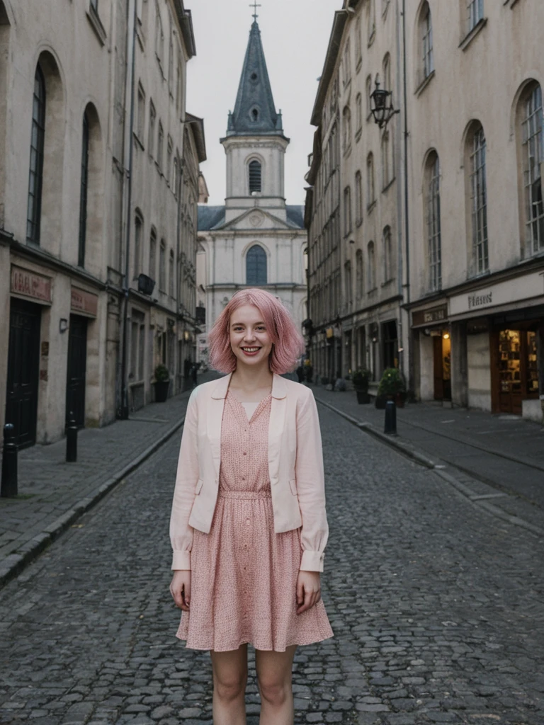 her name is Amelie, high quality, 1girl, ((25-year-old fit Caucasian woman)), ((25 years old)), ((BODY TYPE: HOURGLASS)), ((Grunge Bob pink hair)), smiling, pose: standing, wearing SOPHISTICATED courant Generation-Z modern wear bright colored, BACKGROUND:  "Exploring the historic Sablon district at night, with its elegant buildings, antique shops, and beautiful church illuminated."