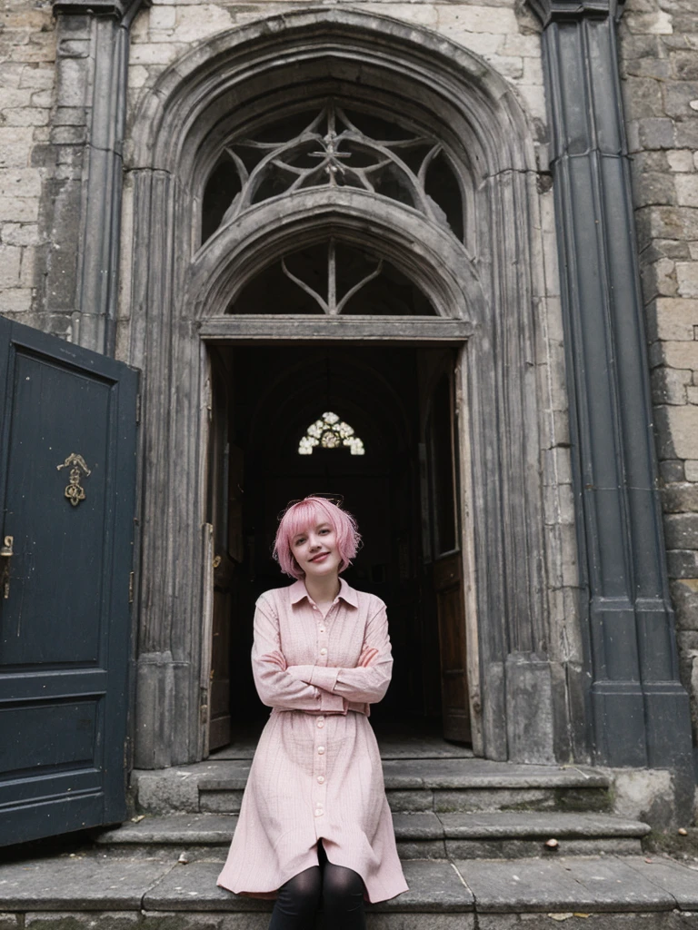 her name is Amelie, high quality, 1girl, ((25-year-old fit Caucasian woman)), ((25 years old)), ((BODY TYPE: HOURGLASS)), ((Grunge Bob pink hair)), smiling, pose: standing, wearing SOPHISTICATED courant Generation-Z modern wear bright colored, BACKGROUND: "Exploring the historic Sablon district at night, with its elegant buildings, antique shops, and beautiful church illuminated."