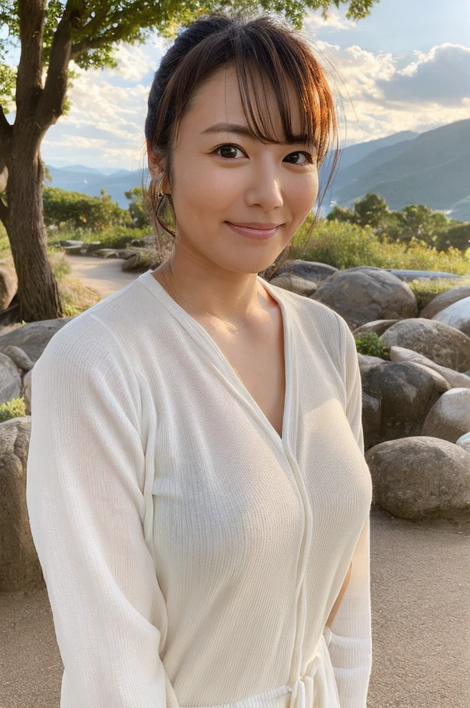 ((Highest quality)), ((masterpiece)), (detailed),Perfect Face,Japanese,landscape,Mature Woman,Upper Body