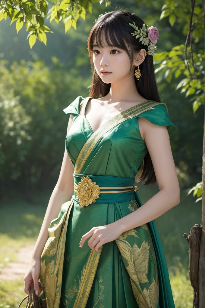 This image contains、It depicts a beautiful Japanese girl standing in a fantastical forest.。The background is blue or green、In the magical forest where purple lights intertwine、Giant Tree々and fantastic plants grow abundantly.。The beautiful girl is posing as if she is one with nature.、Like a guardian of nature。

The thin fabric costume is designed to look like leaves and petals.、It fits her body perfectly、It accentuates her beautiful body lines。The colour of the costume blends with the background.、It reflects light and creates a fantastic atmosphere.。

The pose is very natural、Her hands are lightly placed on her chest、The gaze is fixed straight ahead。Her expression is mysterious and、It has the power to draw the viewer in.。

As a photographic technique、There is a strong emphasis on background lighting effects and detailed depictions of plants.。Also、Due to the vertical screen composition、Depth and height are emphasized、It gives a sense of the expanse of a fantastic forest.。overall、Ultra-realistic photo-like texture、It is a work that has been carefully depicted down to the smallest detail.。