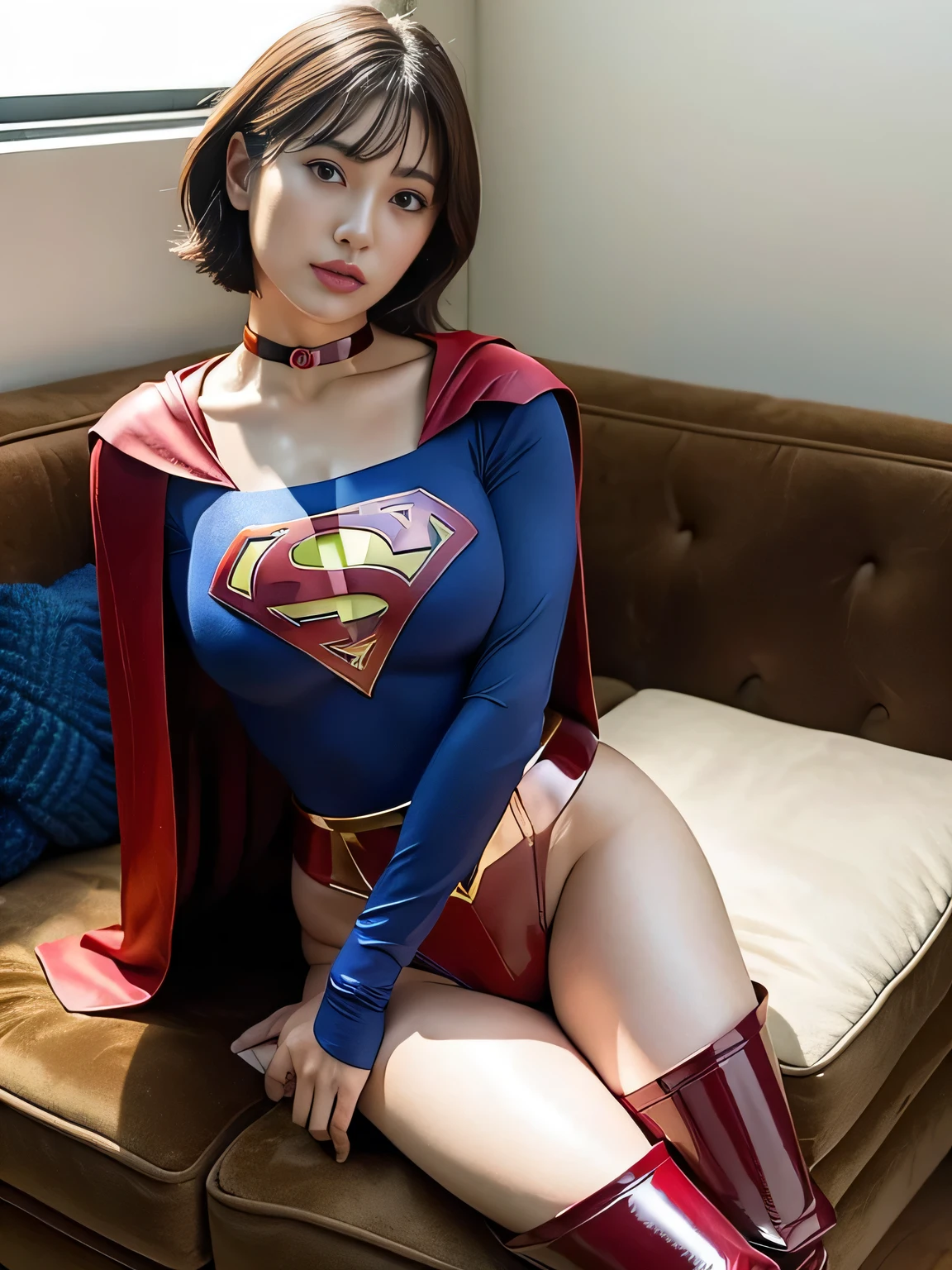 masterpiece、Rubber Supergirl Costume、short hair、Red rubber long boots、Big and ample breasts、shiny sweaty skin、looking at the camera、choker、Long sleeve、Sexy poses to seduce、Off the shoulder、latex、From the front、Posing on the sofa、High leg leotard、Cape、Beautiful thighs、Photo magazine cover、Boasting beautiful legs、wallpaper for pc、