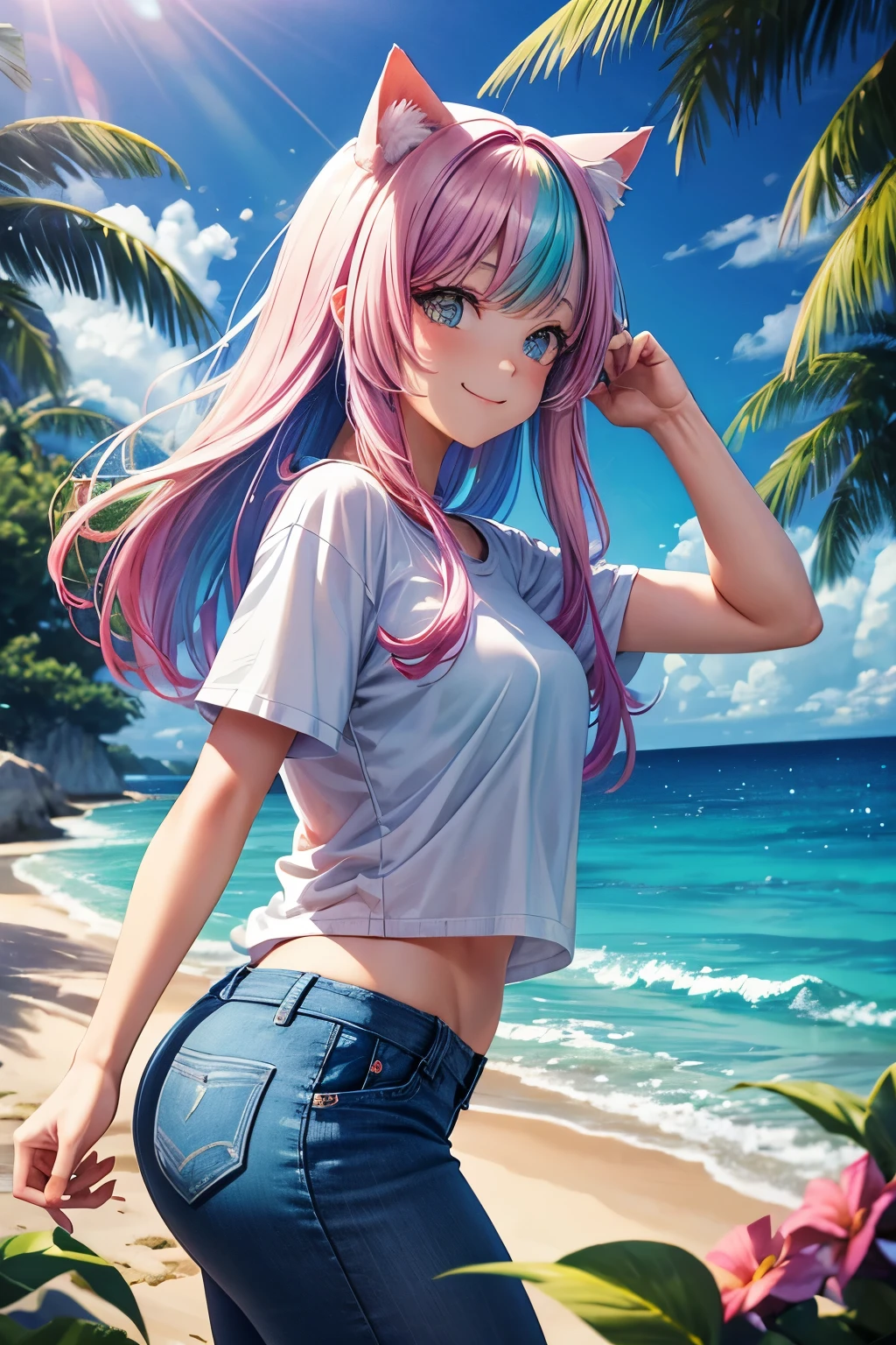 High resolution, perfect human anatomy, cat ears, front view, glossy hair, rainbow hair, near future, pastel colors, forest, ocean, flowers, gradient eyes, flowing bangs, front angle, t-shirt, jeans, ocean, sneakers, smile,