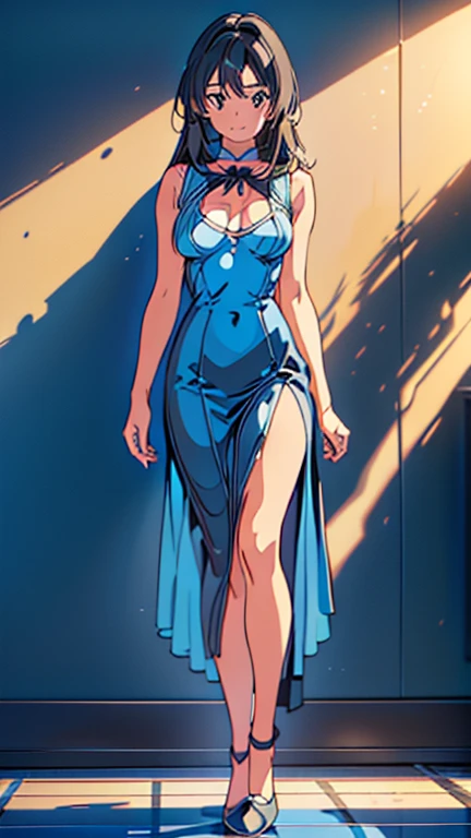 highly detailed, 8K, masterpiece, best quality, pretty teenager girl smiling, aquamarie eyes, ((black hair)), long hair, blue dress, thin, ((full body scene)), ((full body)), ((full body angle)), pretty girl, (medium-breasts:1.5), ((mid chest)), standing, highschool scenario, highschool background, school scenario, school background, (Ultra High Resolution: 1.2), (RAW Photo: 1.2)