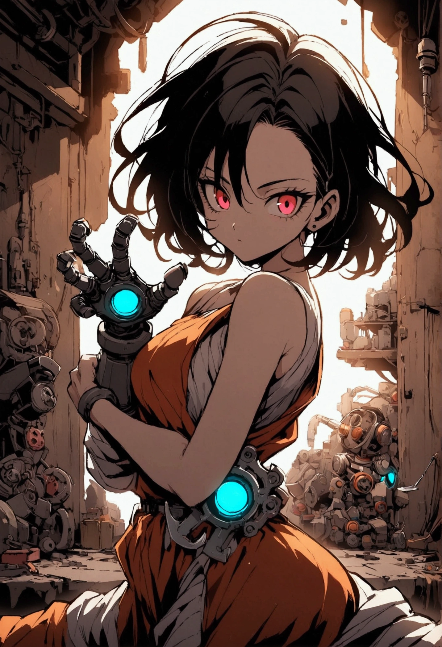 Anime-style illustration, lisa + android 18 girl dbz with black red oversized clothing, merging as a mechanic with robotic parts interspersed within his human form, dynamic pose wrench in hand, workshop background cluttered with machinery, oil stains, dimly lit with flickering fluorescent lights, high contrast shadows, vivid colors, intricate detailing of mechanical components, digital painting., Mysterious