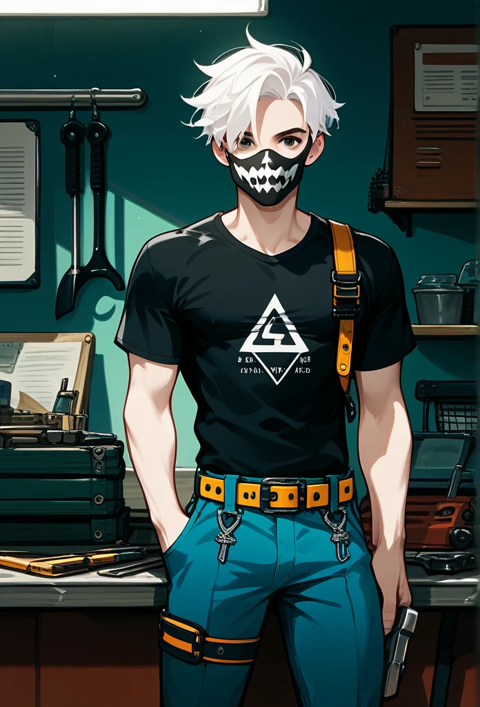 masterpiece, best quality, male, (masked face, full mask, covered face), white hair, short hair, spiky hair, mature body, muscular body, visible abs, mechanic pants, tool belt, workshop