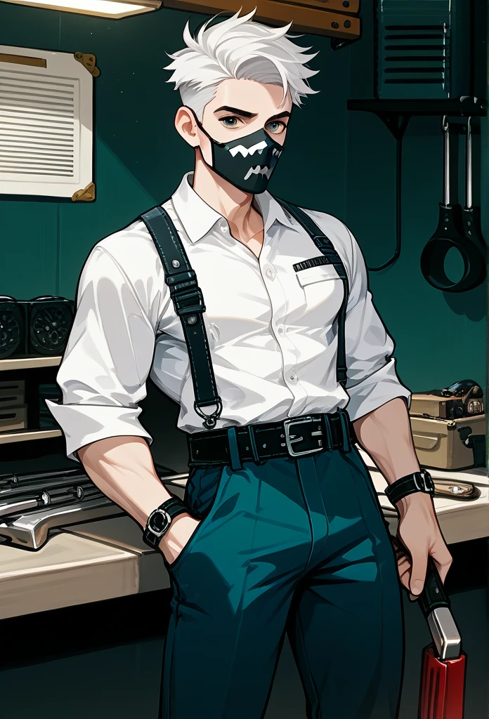 masterpiece, best quality, male, (masked face, full mask, covered face), white hair, short hair, spiky hair, mature body, muscular body, mechanic pants, tool belt, workshop