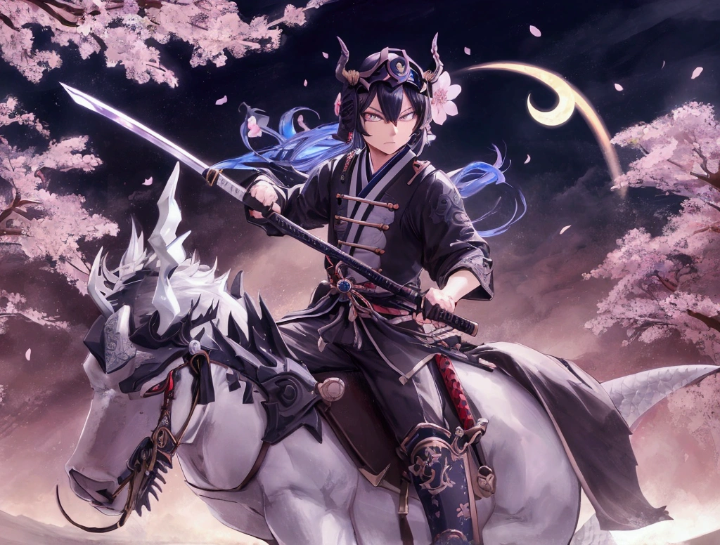 a powerful chibi style illustration of Date Masamune with a crescent moon helmet, one glowing blue eye, fierce expression, riding a mythical dragon, wielding a glowing katana, surrounded by swirling wind, dark and ominous background with cherry blossom petals