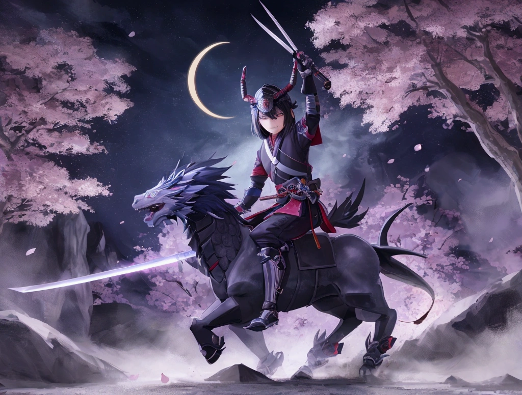 a powerful chibi style illustration of Date Masamune with a crescent moon helmet, one glowing blue eye, fierce expression, riding a mythical dragon, wielding a glowing katana, surrounded by swirling wind, dark and ominous background with cherry blossom petals