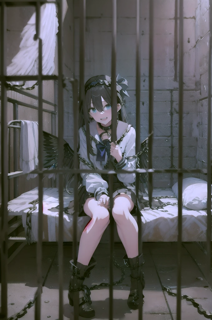 (masterpiece:1.3),(best quality:1.2),8k,absurdres,unity 8k wallpapper,(extremely detailed:1.3),highestres,prison,
1girl, solo, long hair, looking at viewer, smile, open mouth, blue eyes, skirt, simple background, shirt, long sleeves, dress, bow, hair between eyes, sitting, , monochrome, full body, :d, greyscale, sidelocks, hairband, frills, wings, barefoot, teeth, serafuku, indoors, bowtie, sailor collar, grin, collar, feet, chain, chair, short dress, hair intakes, bound, bdsm, frilled dress, frilled skirt, bondage, black background, feathered wings, knees up, restrained, spot color, sailor dress, cuffs, knees together feet apart, bound wrists, tile floor, shackles, straight-on, on chair, bound legs, ankle cuffs, bound ankles,