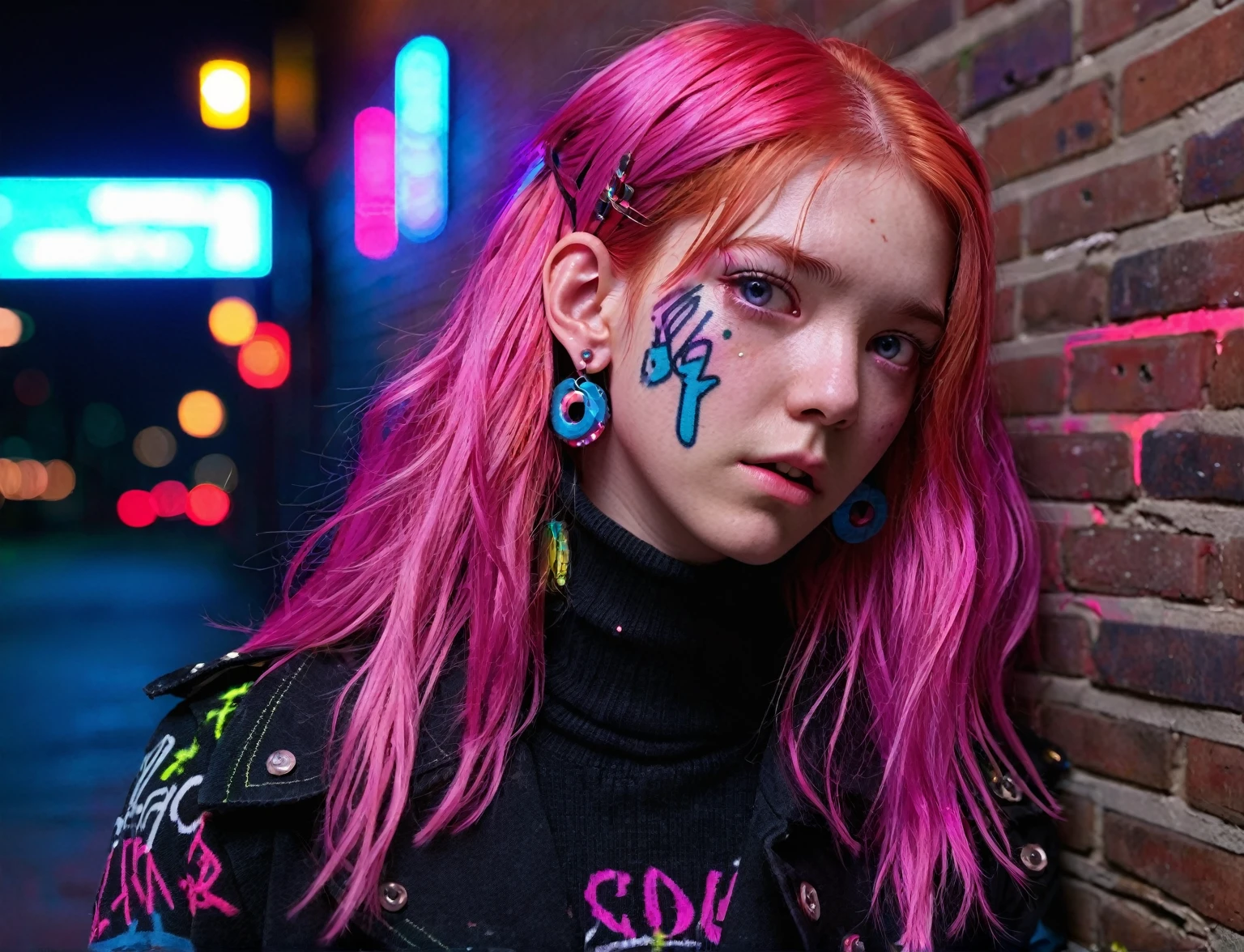 score_9, score_8_up, score_7_up, detailed, 1girl, solo, intricate details, chromatic aberration, realistic, long hair, pink hair, red head ornament, pink highlights, hair over one eye, purple eyes, earrings, sharp eyes, choker, neon shirt, torn legwear, open jacket, turtleneck sweater, night,against wall, brick wall, graffiti, dim lighting, alley, looking at viewer
