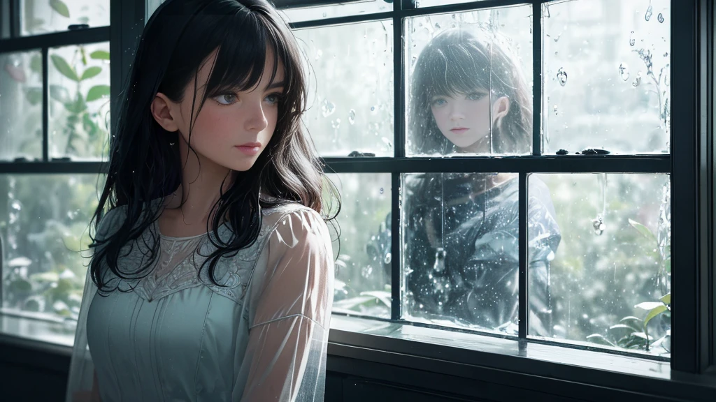 {best quality}, {very aesthetic}, {ultra-detailed}, {8k}, {Super elaborate face}, {Super-smart body}, Wet day, (A woman looking out the window indoors,), An ennui atmosphere, Super fine hair, flat chest, 1girl, Rain outside the window,