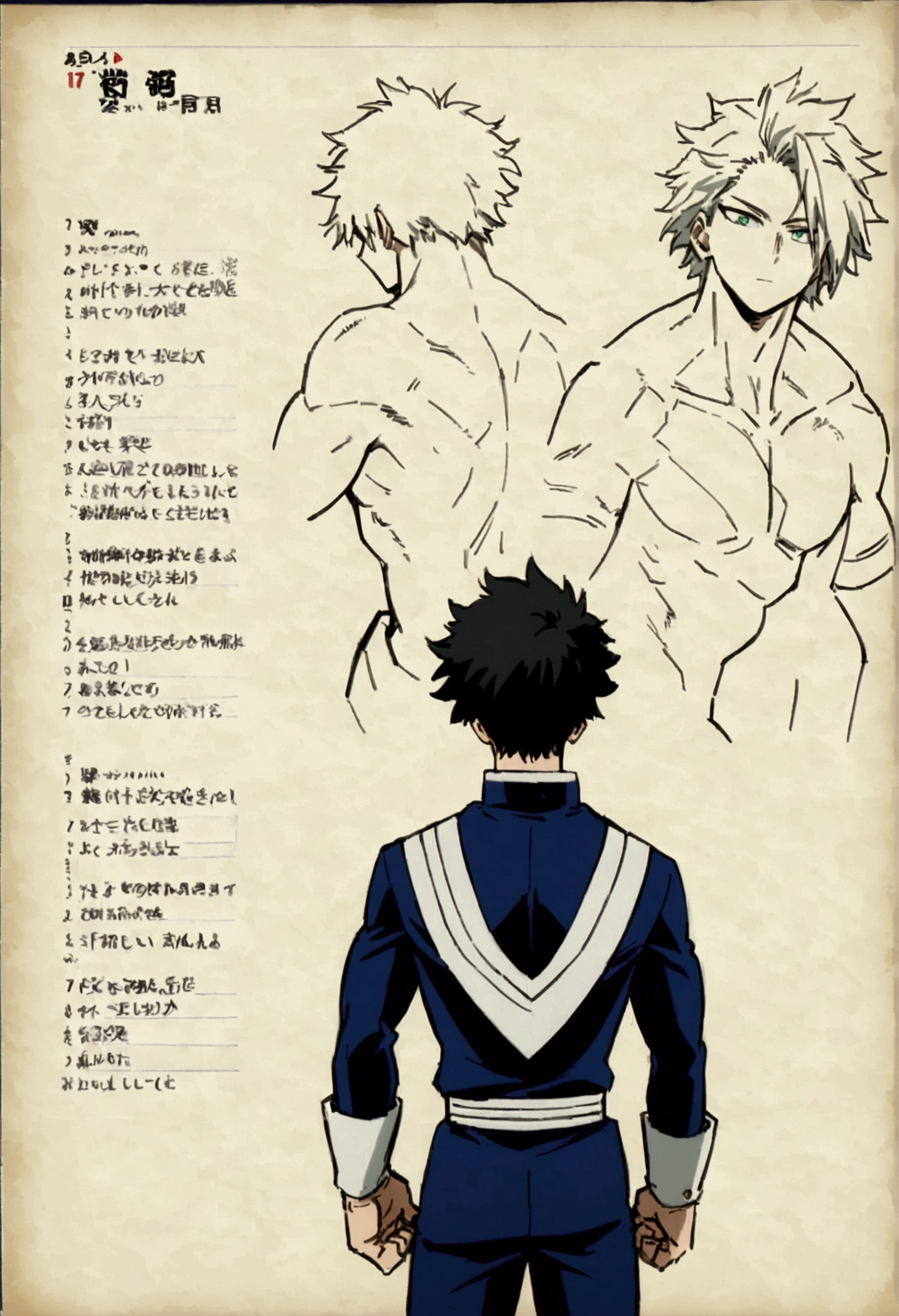 Caracter sheet,  He is a , He has slightly disheveled very black hair..., somewhat light green eyes, , muscular body , sexy face, He is dressed in the anime male uniform "my hero academia" 